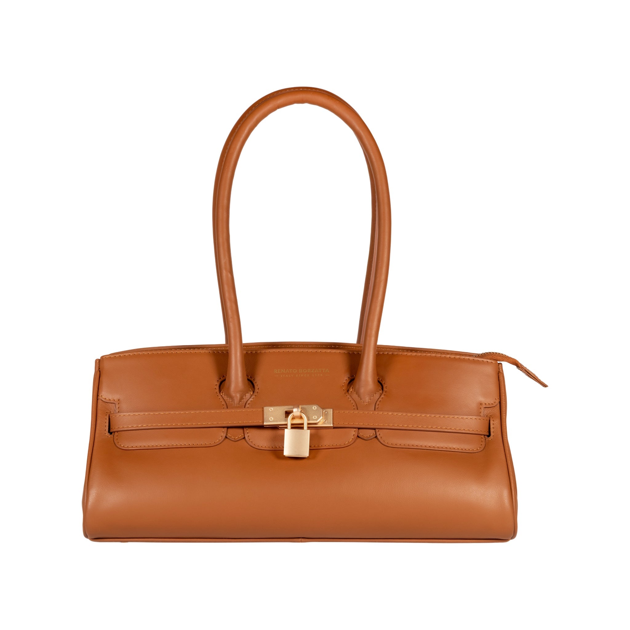 RB1033S | ARIANNA Women's Shoulder Bag in Soft Genuine Sauvage Leather, Made in Italy. Matte Gold Metal Hardware. Cognac Color. Dimensions: 34 x 15 x 16 + 20 cm (Handle Drop)-0