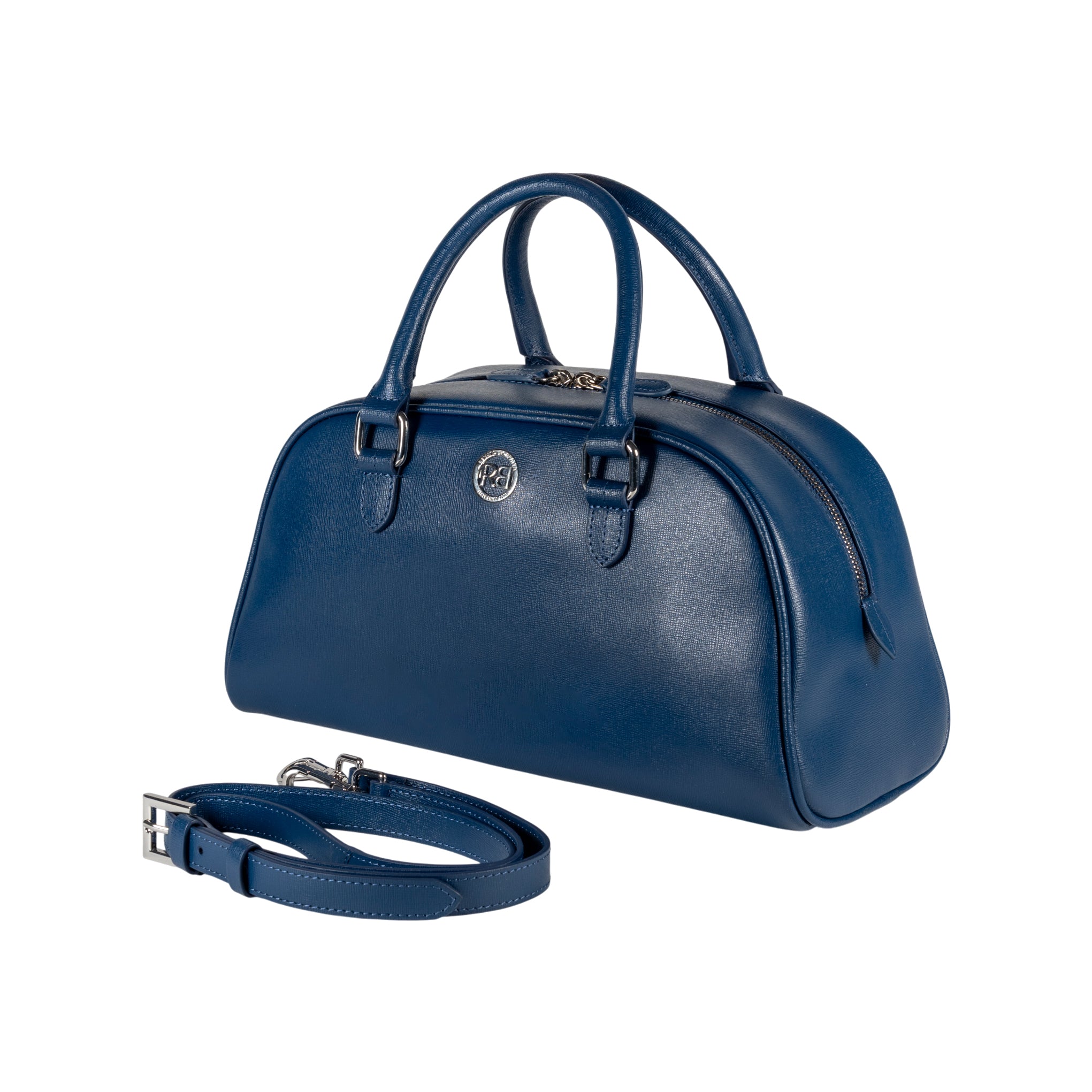 RB1034D | VIRGINIA Women's Bowling Bag in Genuine Saffiano Leather Made in Italy. Polished Silver Metal Hardware. Color: Blue. Dimensions: 35 x 19 x 14.5 + 12 cm (handle drop).-1
