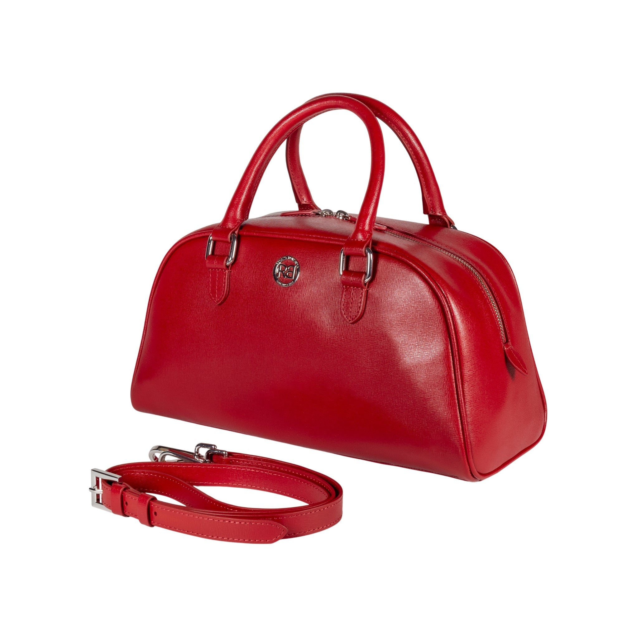 RB1034V | VIRGINIA Women's Bowling Bag in Genuine Saffiano Leather Made in Italy. Polished Silver Metal Hardware. Color: Red. Dimensions: 35 x 19 x 14.5 + 12 cm (handle drop)-1