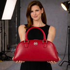 RB1034V | VIRGINIA Women's Bowling Bag in Genuine Saffiano Leather Made in Italy. Polished Silver Metal Hardware. Color: Red. Dimensions: 35 x 19 x 14.5 + 12 cm (handle drop)-3