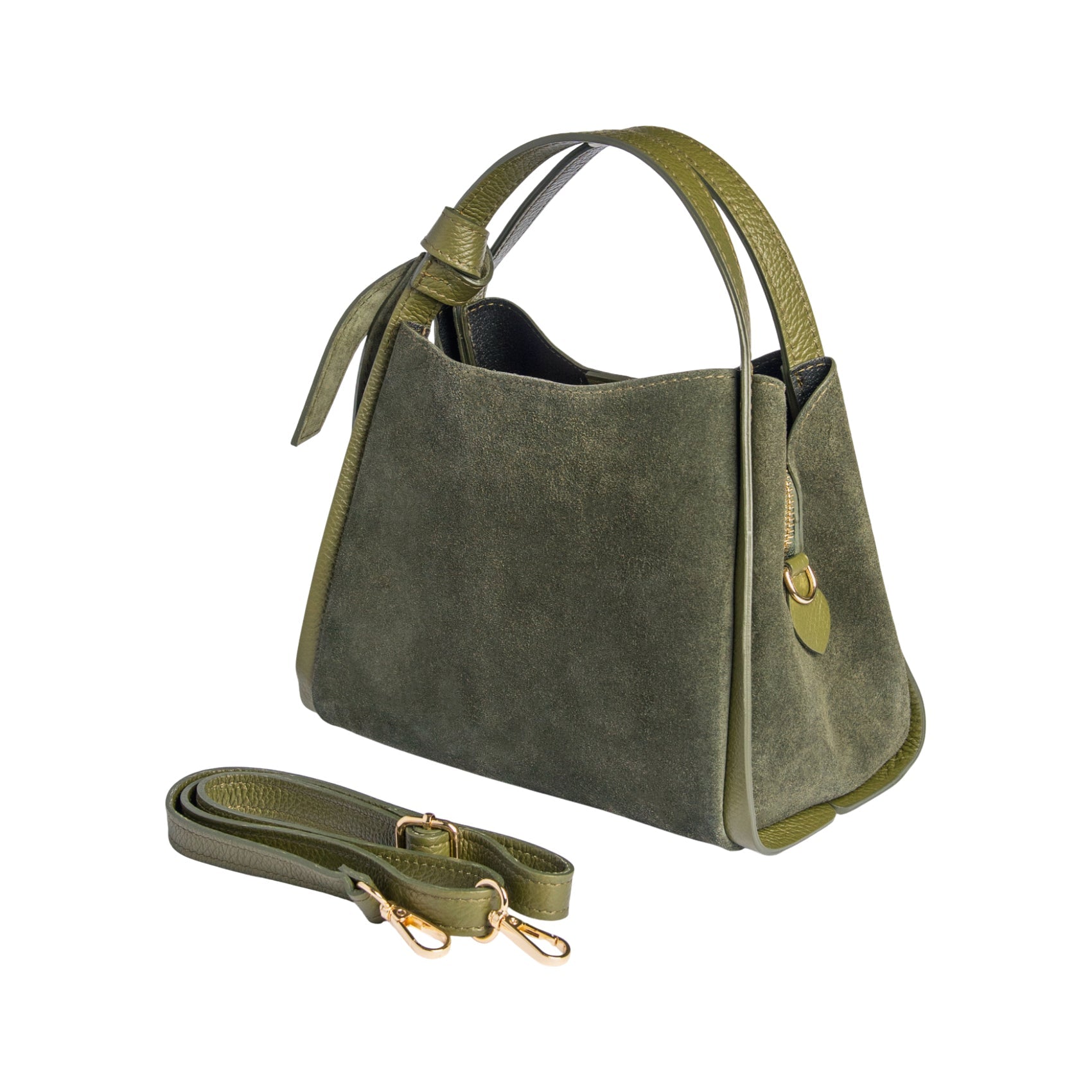RB1035CR | ALICE Women's Handbag in Genuine Suede, Made in Italy. Polished Gold Metal Hardware. Forest Color. Dimensions: 26 x 20 x 15 + 12 cm (Handle Drop)-1