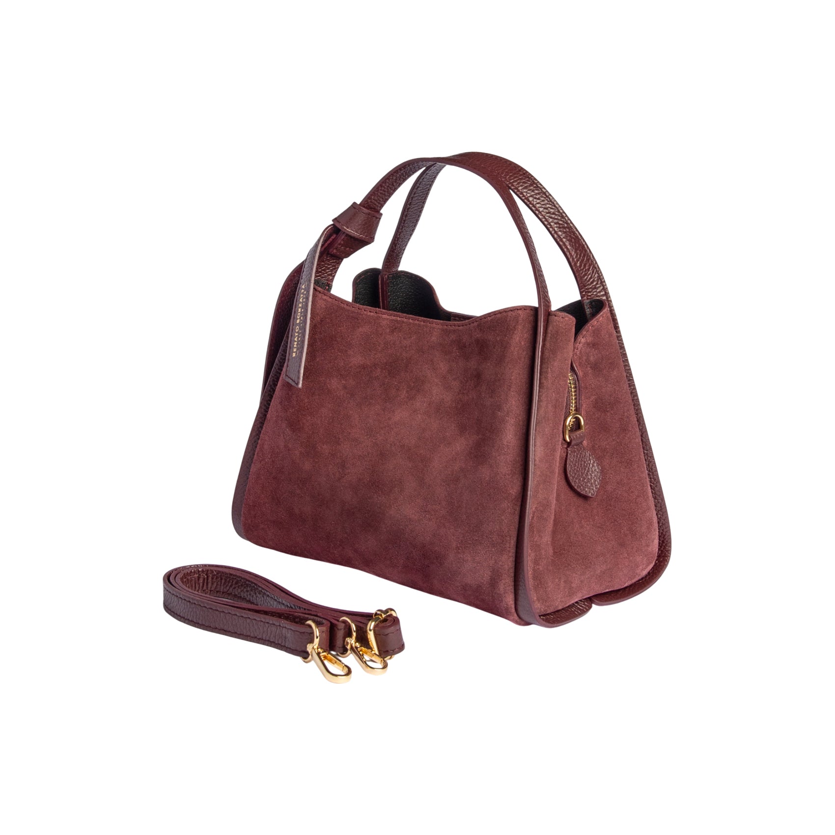 RB1035X | ALICE Women's Handbag in Genuine Suede, Made in Italy. Polished Gold Metal Accessories. Bordeaux Color. Dimensions: 26 x 20 x 15 + 12 cm (Handle Drop)-1