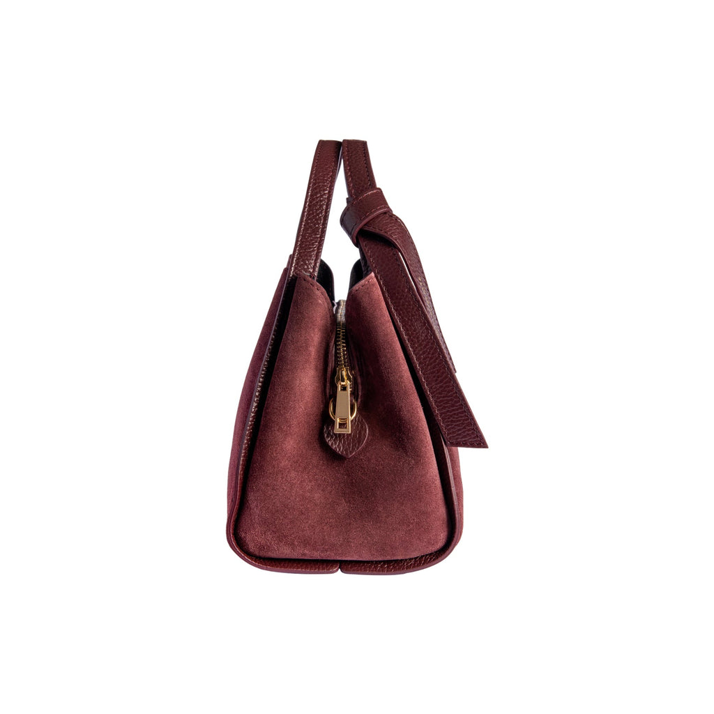 RB1035X | ALICE Women's Handbag in Genuine Suede, Made in Italy. Polished Gold Metal Accessories. Bordeaux Color. Dimensions: 26 x 20 x 15 + 12 cm (Handle Drop)-3